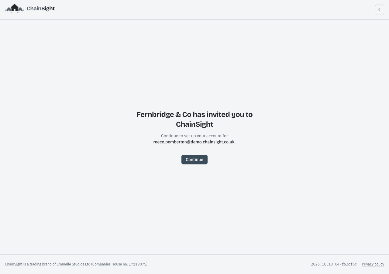 Invitation page naming the agency, with a Continue button