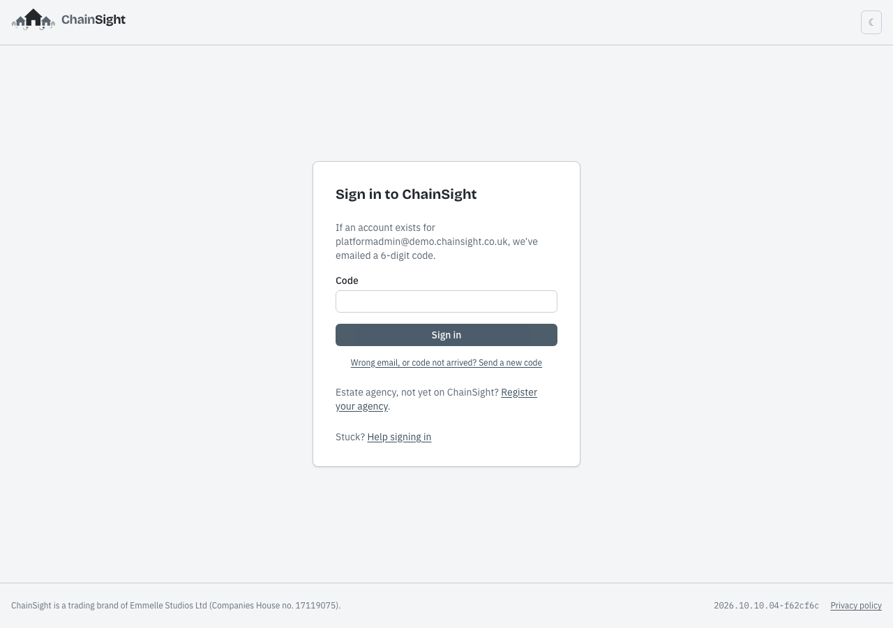 Sign-in screen asking for the six-digit code that was emailed