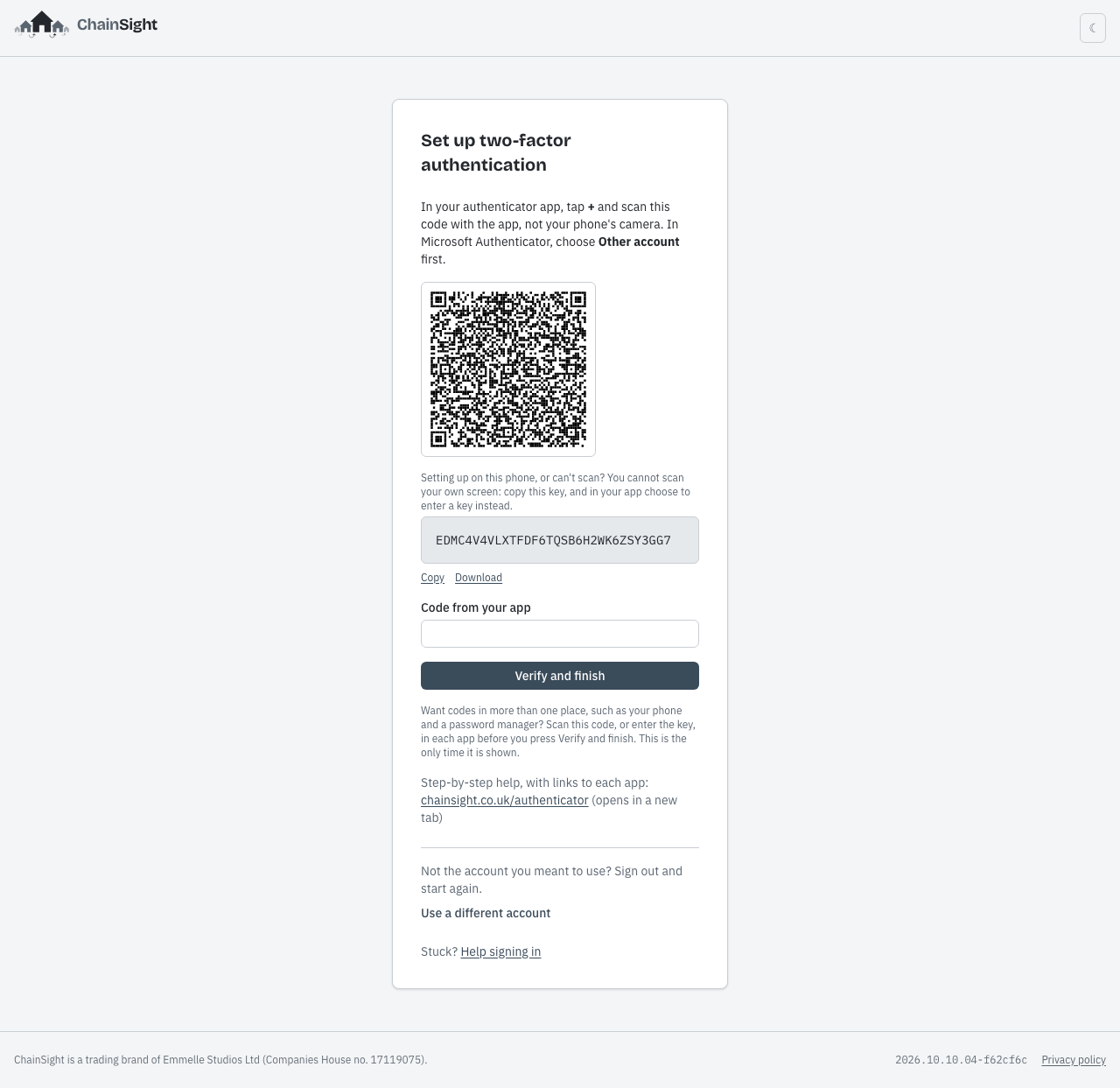 Authenticator setup screen with a scannable code and a manual key